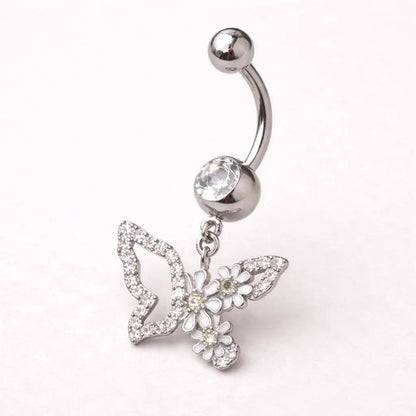 316L Stainless Steel White Flower Butterfly Dangle Navel Ring Navel Ring Skin Metals