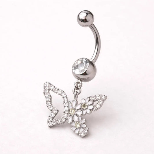316L Stainless Steel White Flower Butterfly Dangle Navel Ring Navel Ring Skin Metals