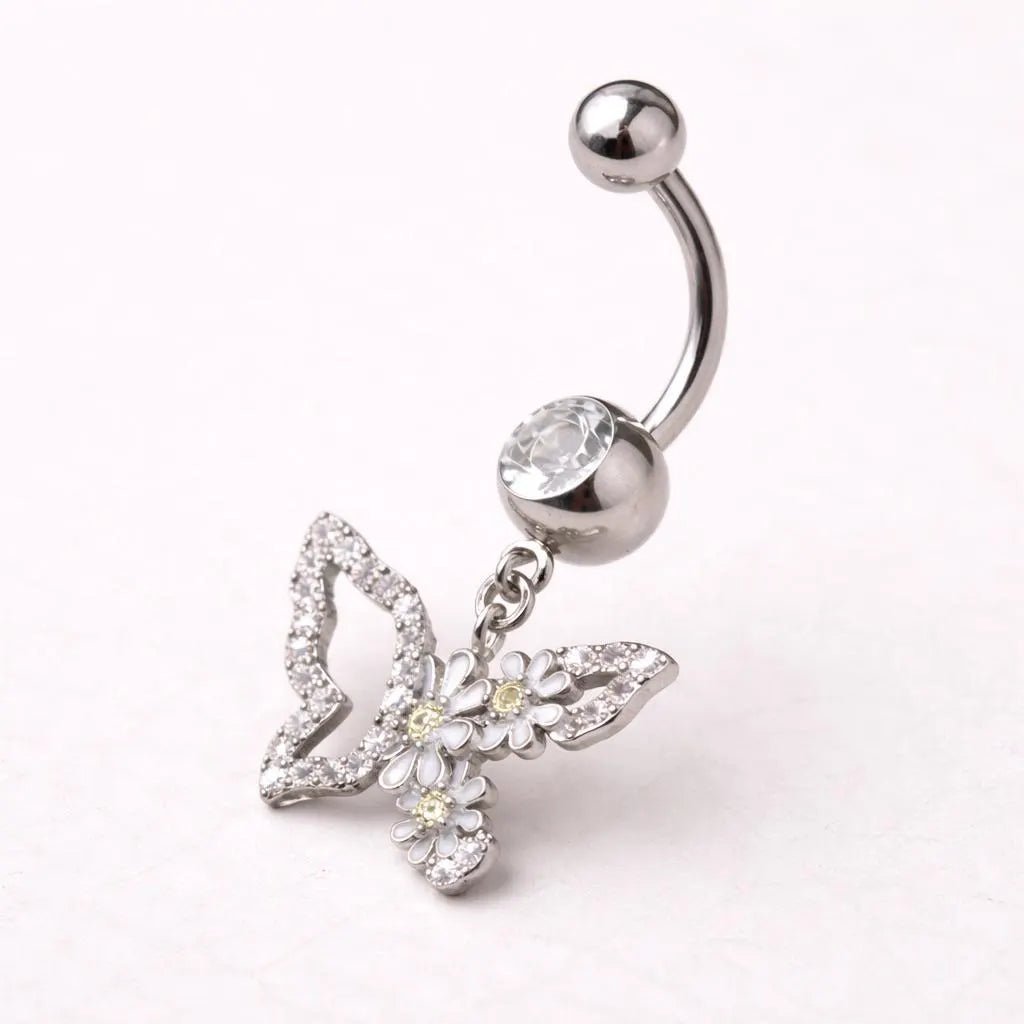 316L Stainless Steel White Flower Butterfly Dangle Navel Ring Navel Ring Skin Metals