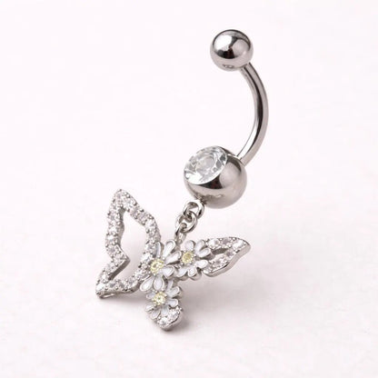 316L Stainless Steel White Flower Butterfly Dangle Navel Ring Navel Ring Skin Metals
