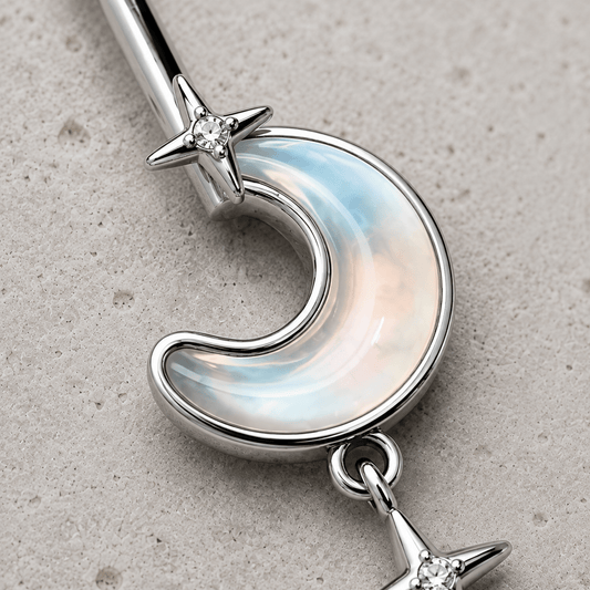 316L Stainless Steel White Iridescent Moon & Stars Dangle Navel Ring - Skin Metals