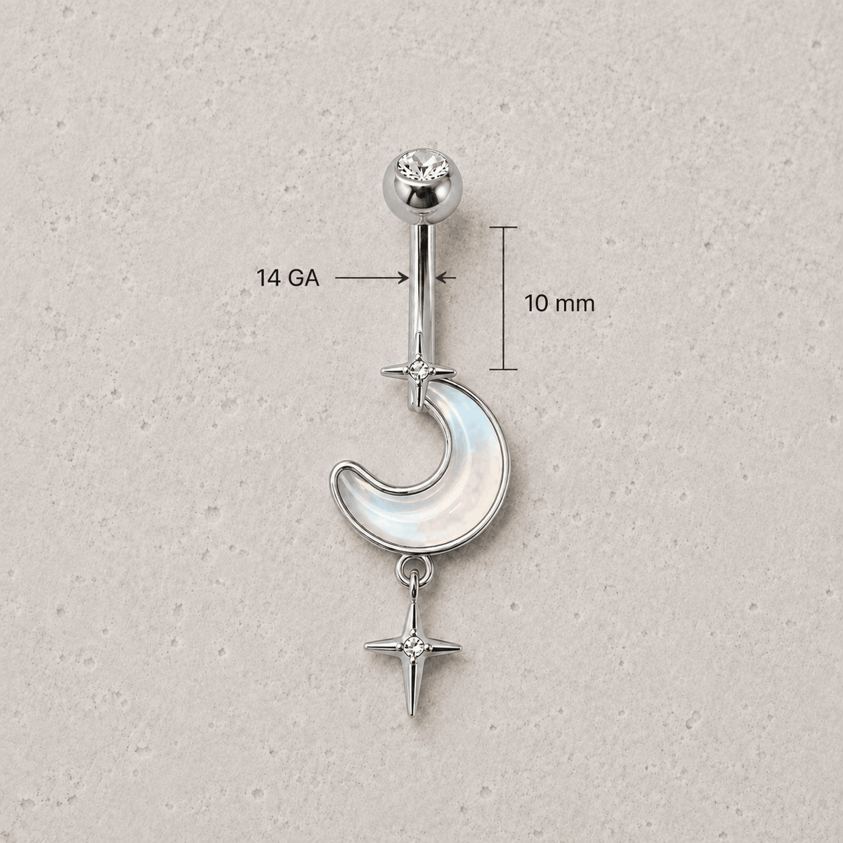 316L Stainless Steel White Iridescent Moon & Stars Dangle Navel Ring - Skin Metals