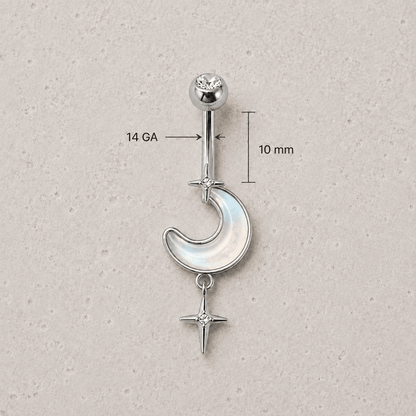 316L Stainless Steel White Iridescent Moon & Stars Dangle Navel Ring - Skin Metals