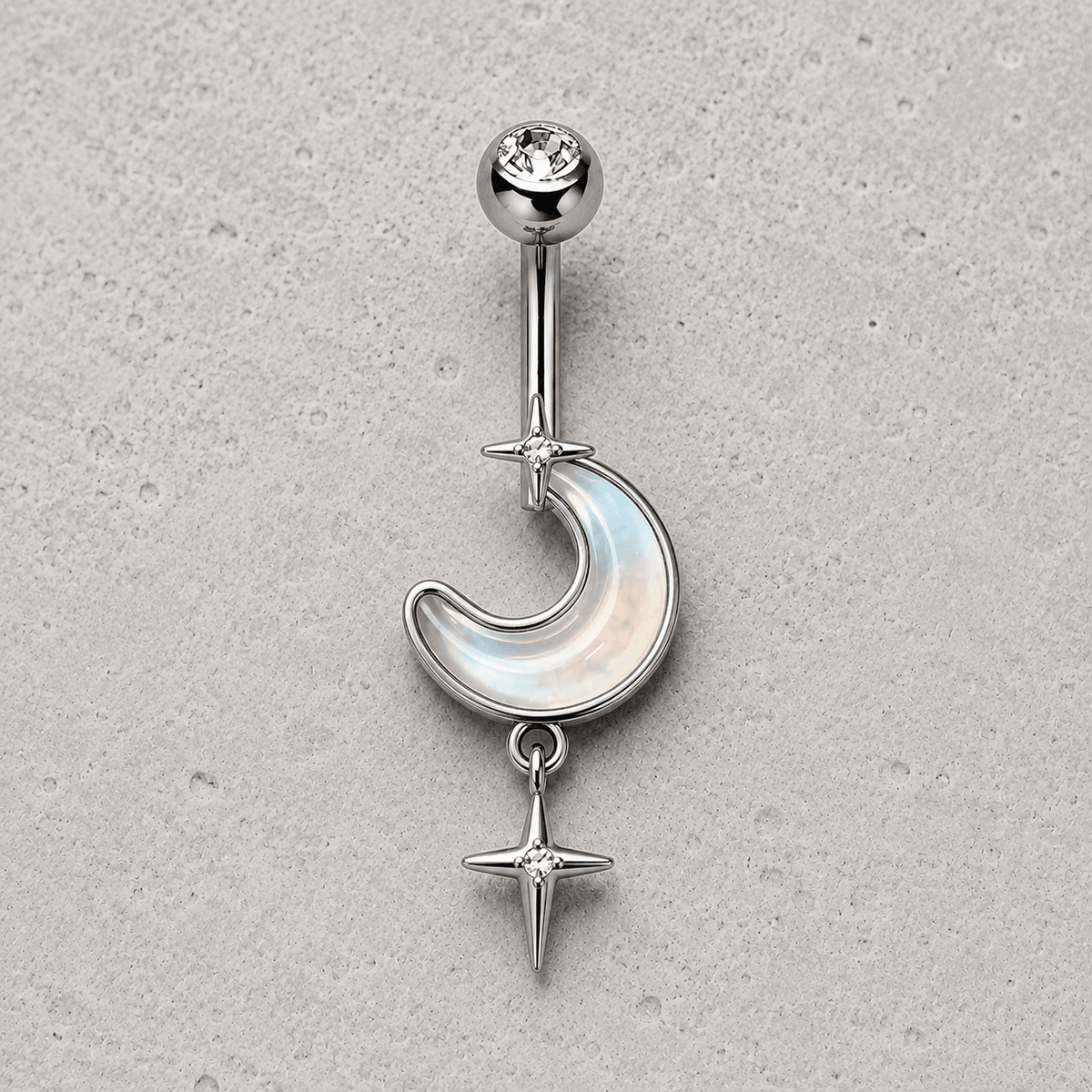 316L Stainless Steel White Iridescent Moon & Stars Dangle Navel Ring - Skin Metals