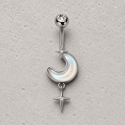 316L Stainless Steel White Iridescent Moon & Stars Dangle Navel Ring - Skin Metals