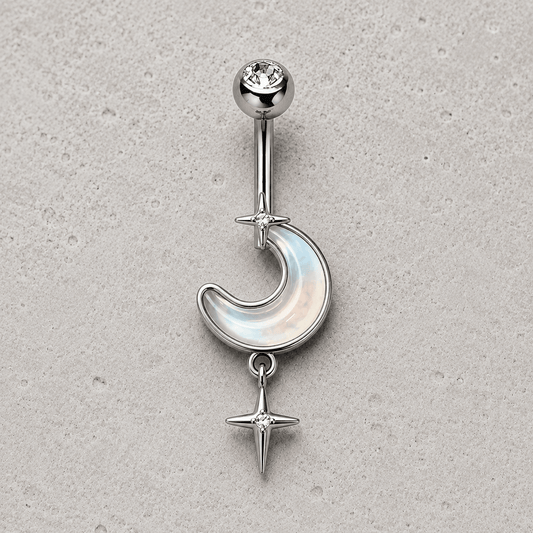 316L Stainless Steel White Iridescent Moon & Stars Dangle Navel Ring - Skin Metals
