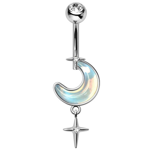 316L Stainless Steel White Iridescent Moon & Stars Dangle Navel Ring Navel Ring Skin Metals