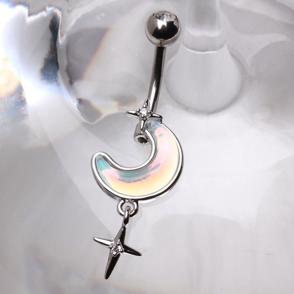316L Stainless Steel White Iridescent Moon & Stars Dangle Navel Ring Navel Ring Skin Metals