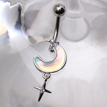 316L Stainless Steel White Iridescent Moon & Stars Dangle Navel Ring Navel Ring Skin Metals