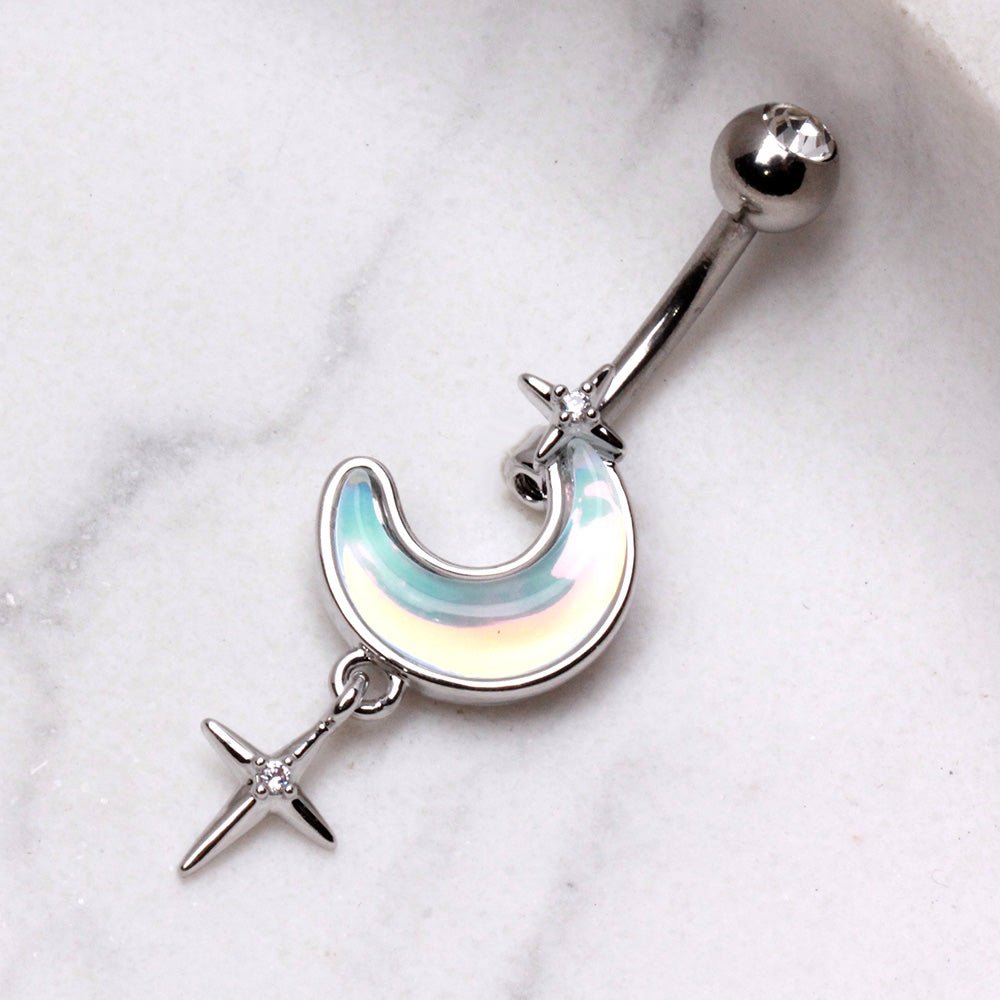 316L Stainless Steel White Iridescent Moon & Stars Dangle Navel Ring Navel Ring Skin Metals