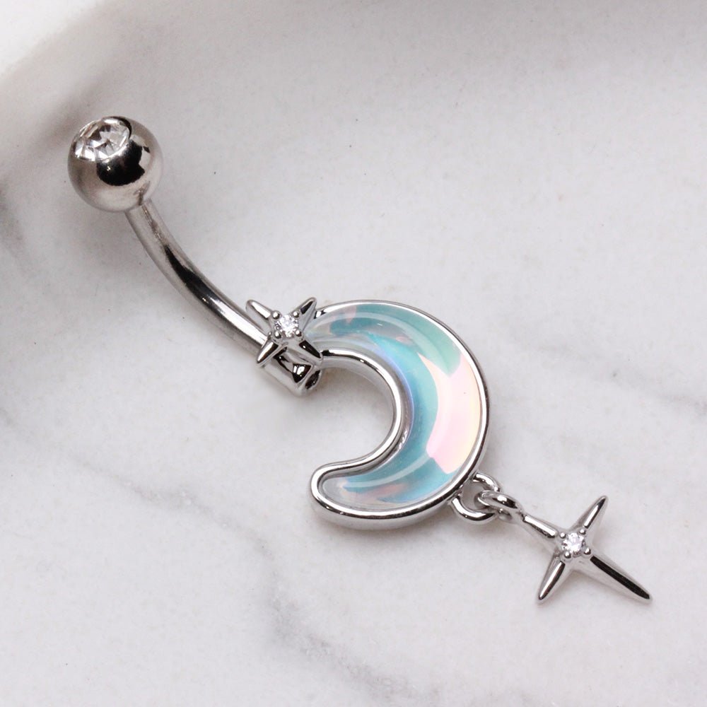 316L Stainless Steel White Iridescent Moon & Stars Dangle Navel Ring Navel Ring Skin Metals