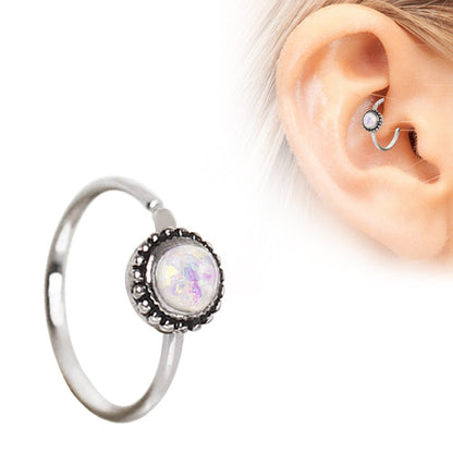 316L Stainless Steel White Synthetic Opal Ornate Cartilage Hoop Earring - Skin Metals