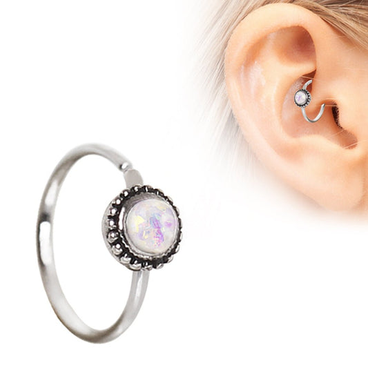 316L Stainless Steel White Synthetic Opal Ornate Cartilage Hoop Earring - Skin Metals
