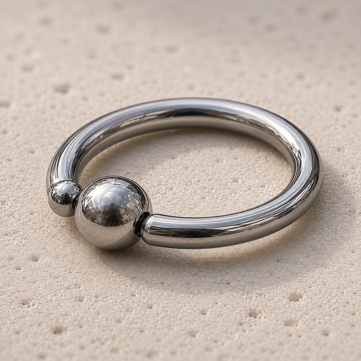 Side view of 316L surgical steel captive bead ring, 16G 14G annealed CBR, 6mm to 14mm inner diameter