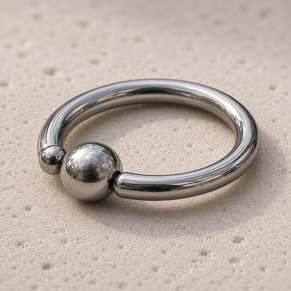 Side view of 316L surgical steel captive bead ring, 16G 14G annealed CBR, 6mm to 14mm inner diameter
