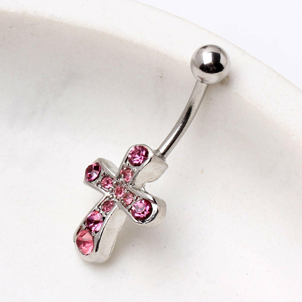 316L Surgical Steel Cross Navel Ring Navel Ring Impulse Piercings Pink