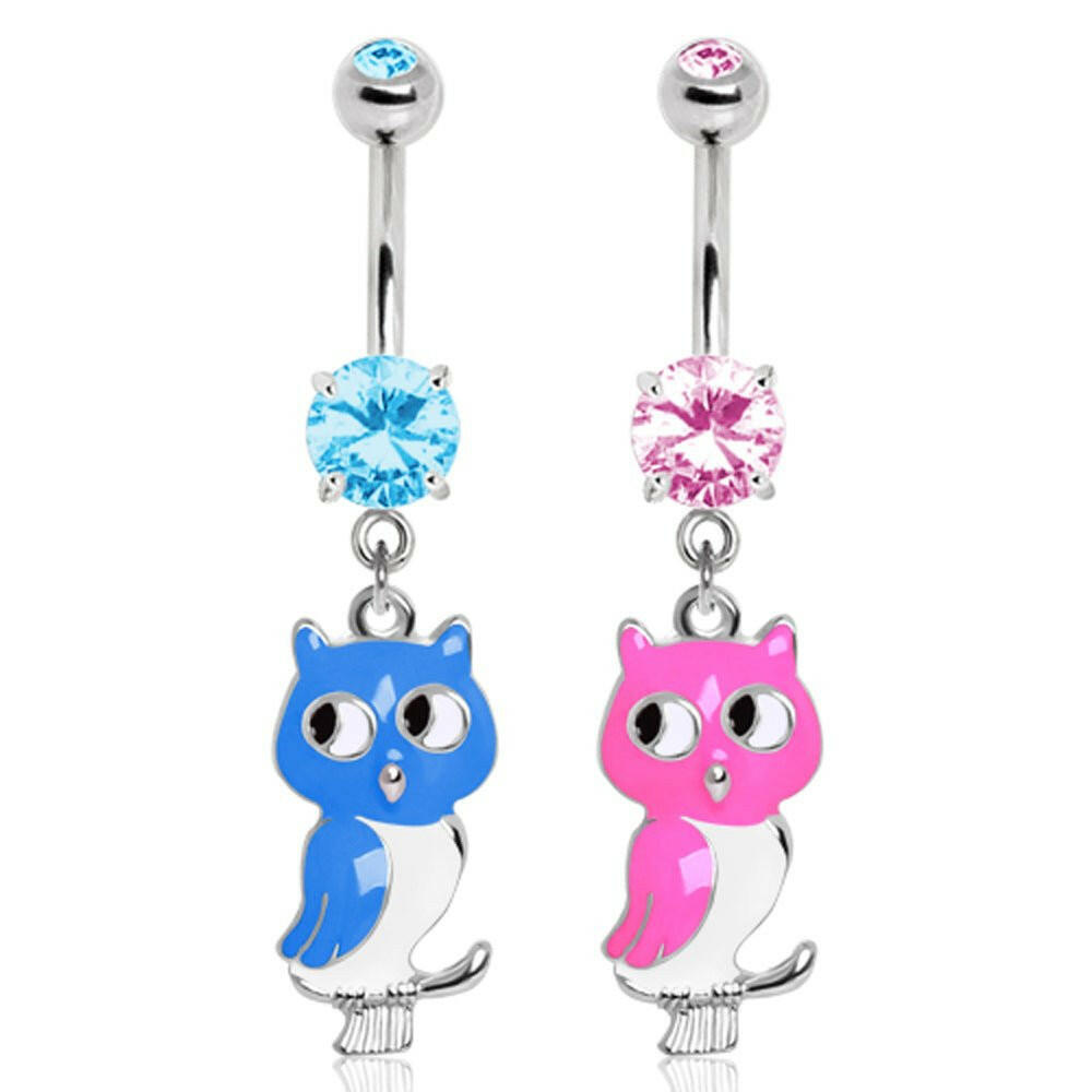 316L Surgical Steel Enameled Owl Dangle Gemmed Navel Ring