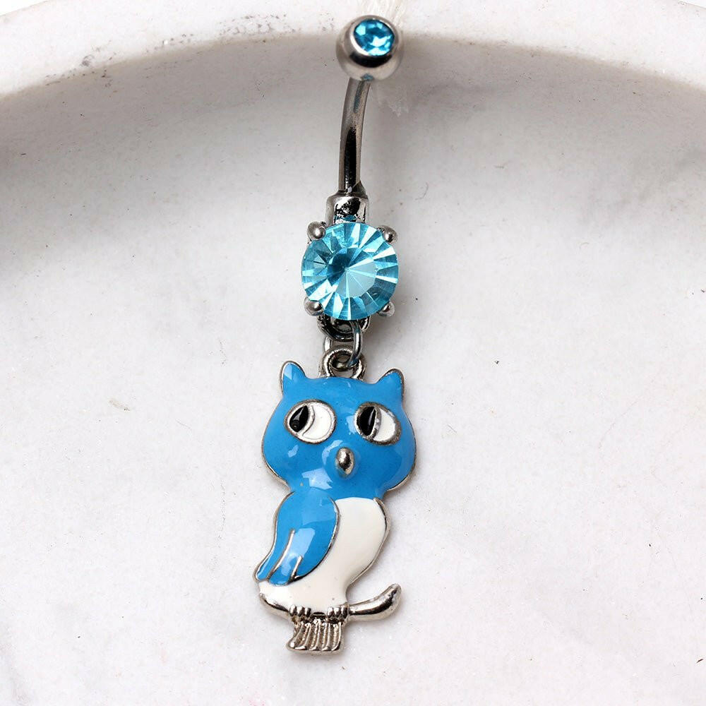 316L Surgical Steel Enameled Owl Dangle Gemmed Navel Ring