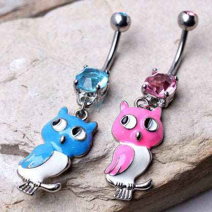 316L Surgical Steel Enameled Owl Dangle Gemmed Navel Ring