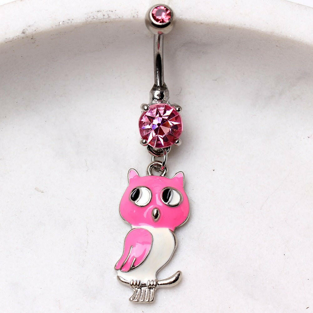 316L Surgical Steel Enameled Owl Dangle Gemmed Navel Ring