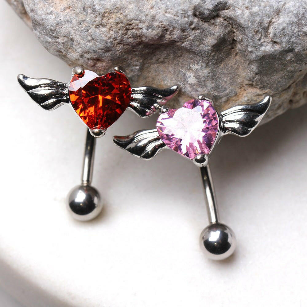 316L Surgical Steel Gemmed Heart with Wings Top Down Navel Rings