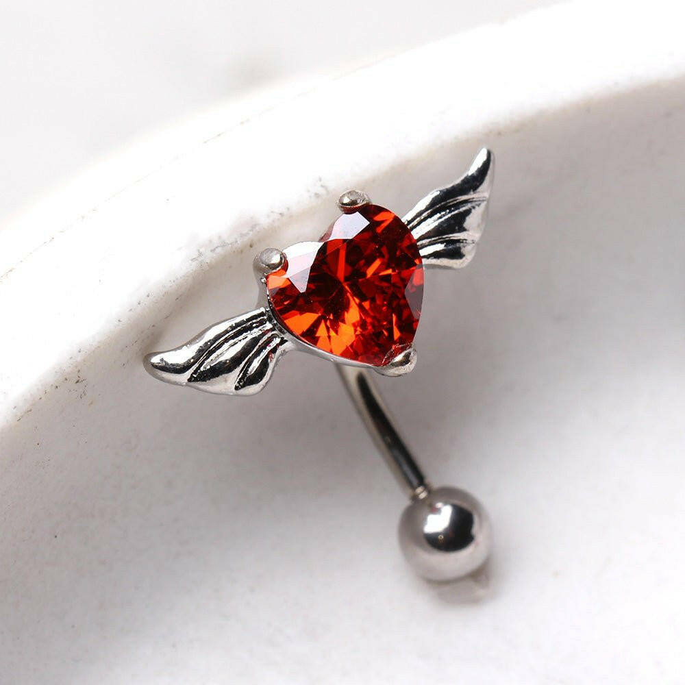 316L Surgical Steel Gemmed Heart with Wings Top Down Navel Rings