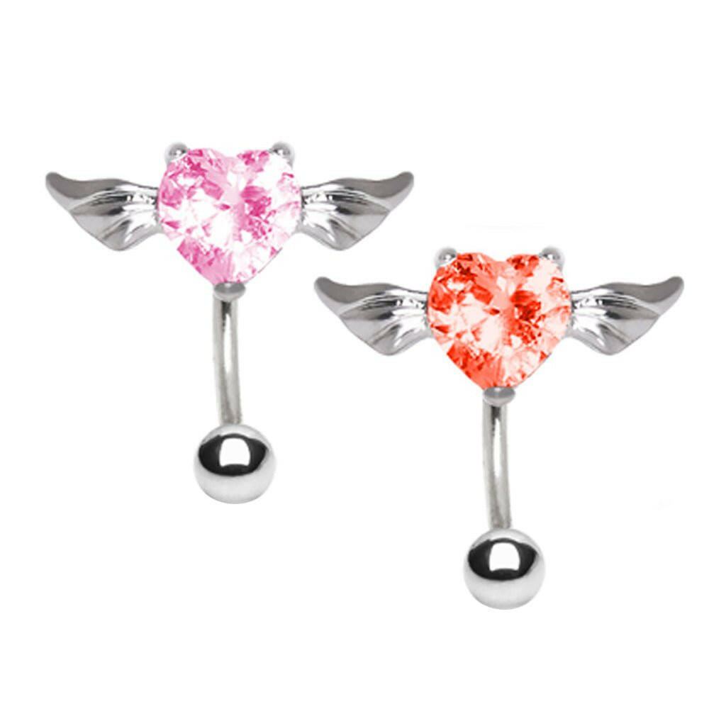 316L Surgical Steel Gemmed Heart with Wings Top Down Navel Rings