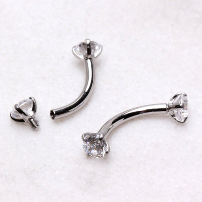 316L Surgical Steel Internally Threaded Prong Set CZ Curved Barbell - Skin Metals