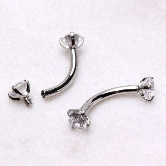 316L Surgical Steel Internally Threaded Prong Set CZ Curved Barbell - Skin Metals