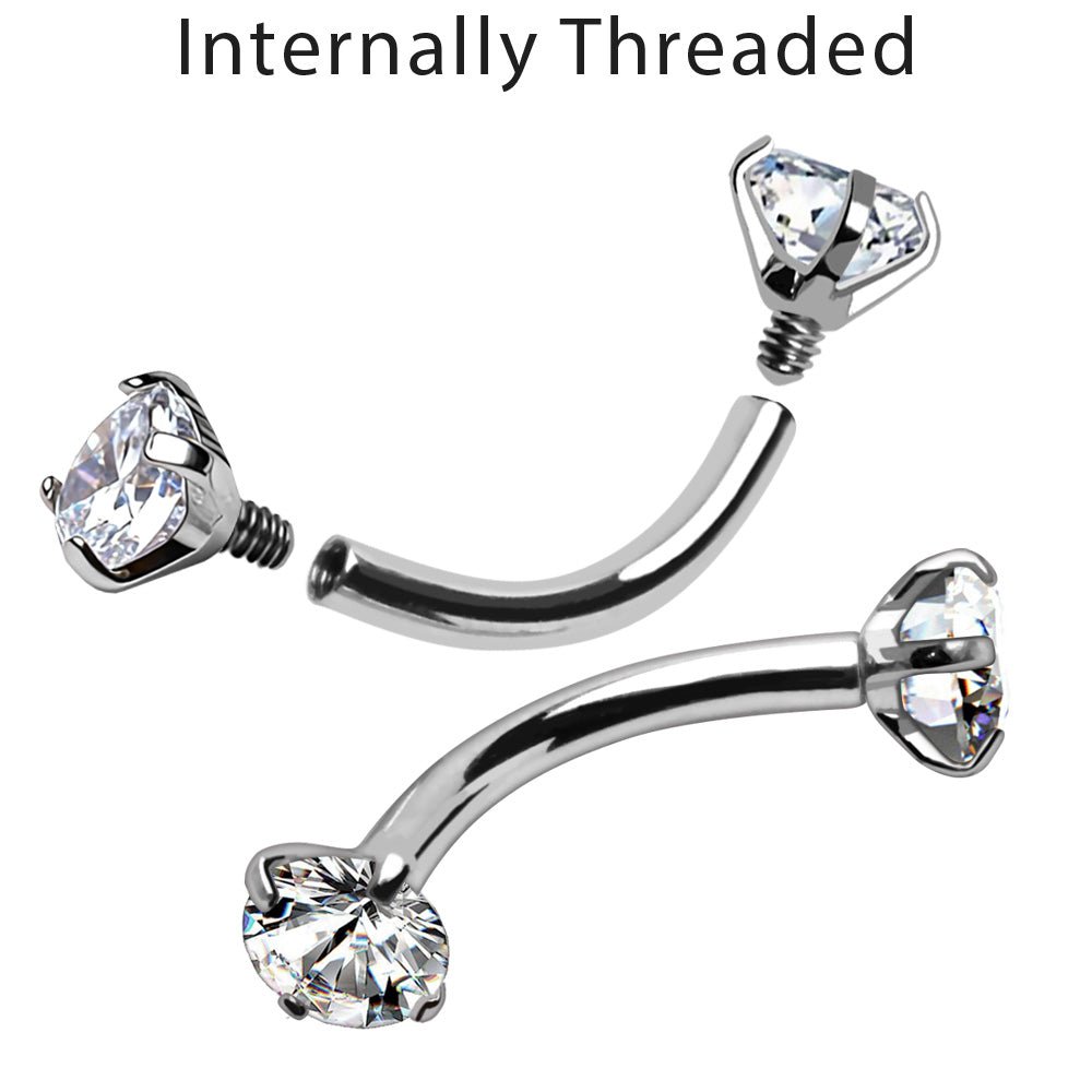 316L Surgical Steel Internally Threaded Prong Set CZ Curved Barbell - Skin Metals