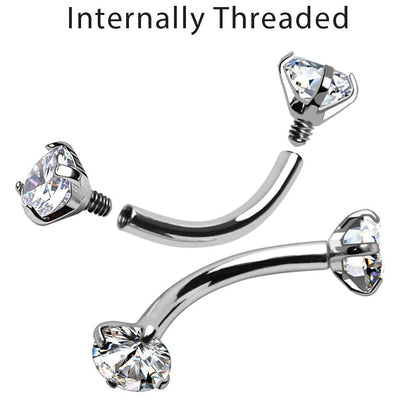 316L Surgical Steel Internally Threaded Prong Set CZ Curved Barbell - Skin Metals