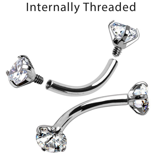 316L Surgical Steel Internally Threaded Prong Set CZ Curved Barbell - Skin Metals