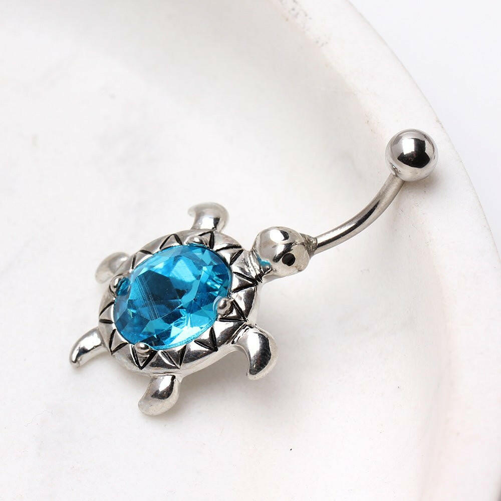 Surgical Steel Large CZ Turtle Navel Ring Navel Ring Impulse Piercings Aqua