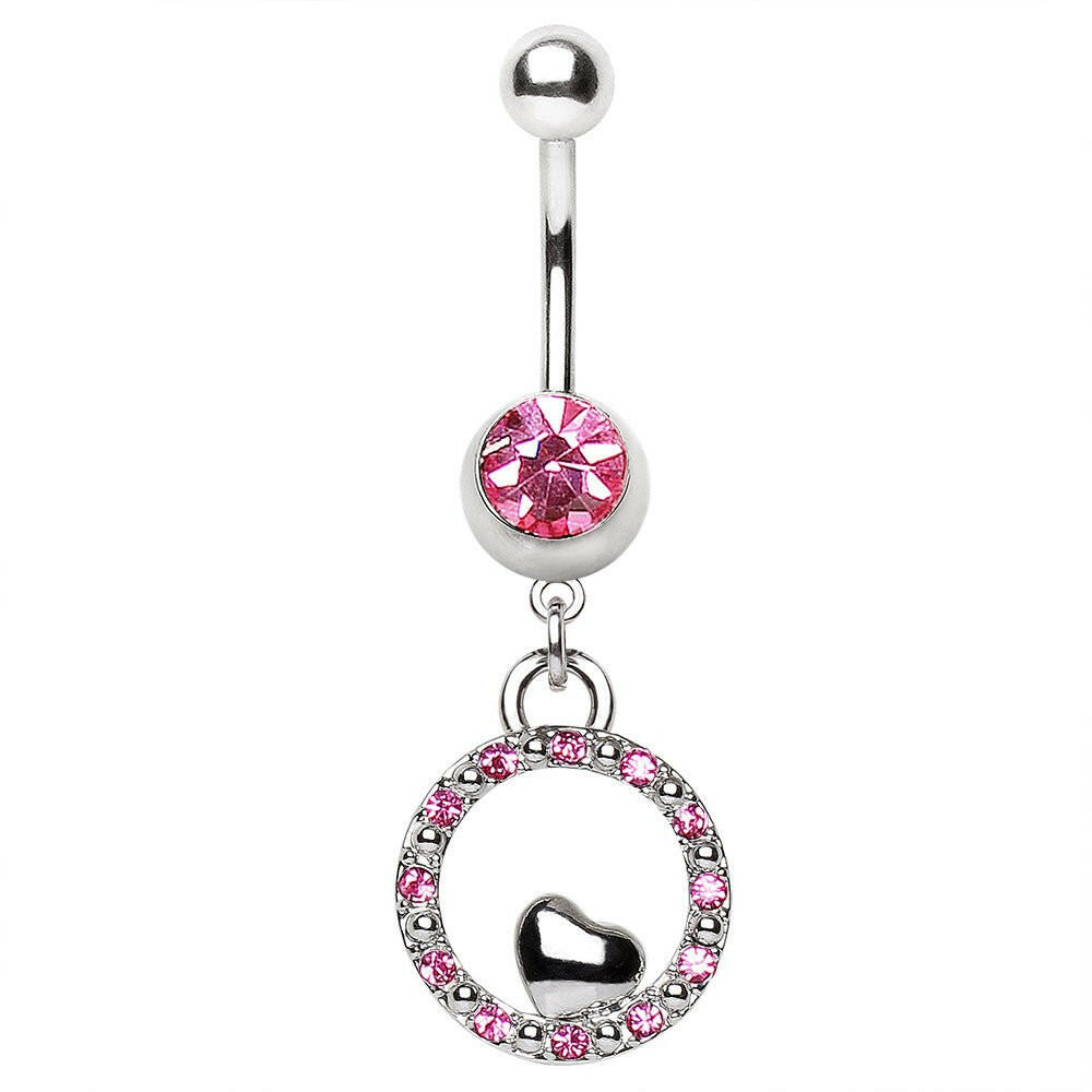 316L Surgical Steel Navel Ring with Bubble and Small Heart Shaped Dangle