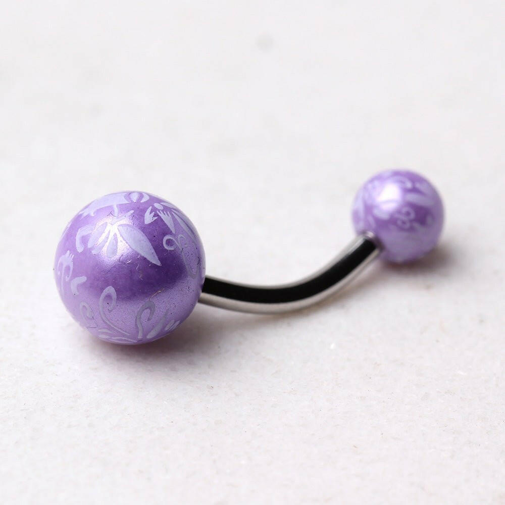 316L Surgical Steel Navel Ring with Budding Flower Printed Balls Navel Ring Impulse Piercings Purple