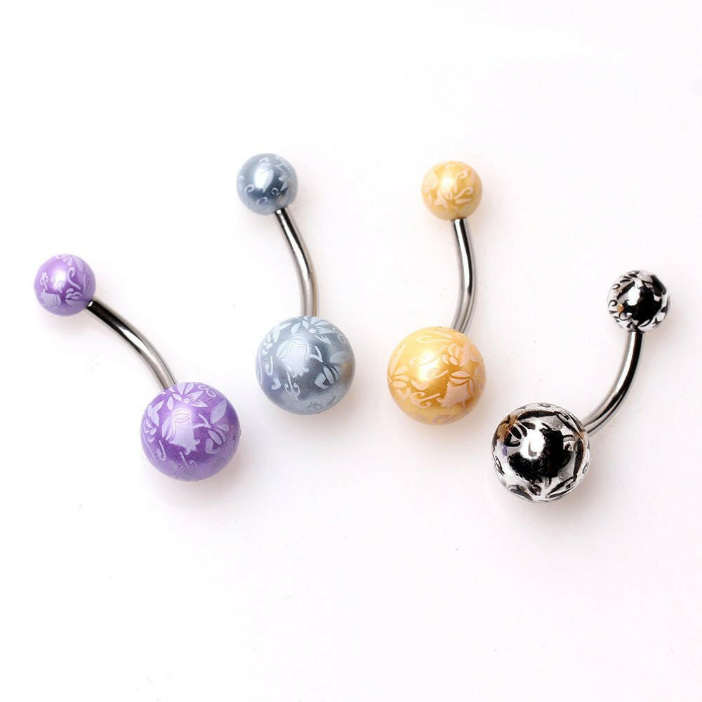 316L Surgical Steel Navel Ring with Budding Flower Printed Balls Navel Ring Impulse Piercings