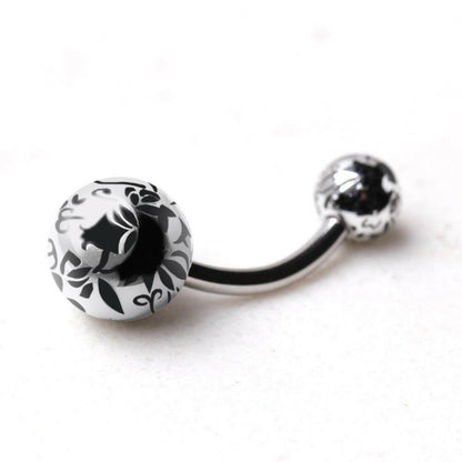 316L Surgical Steel Navel Ring with Budding Flower Printed Balls Navel Ring Impulse Piercings Black/Silver