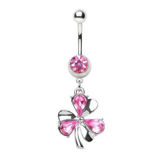 Surgical Steel Navel Ring with Clover Leaf Shaped Dangle Navel Ring Impulse Piercings