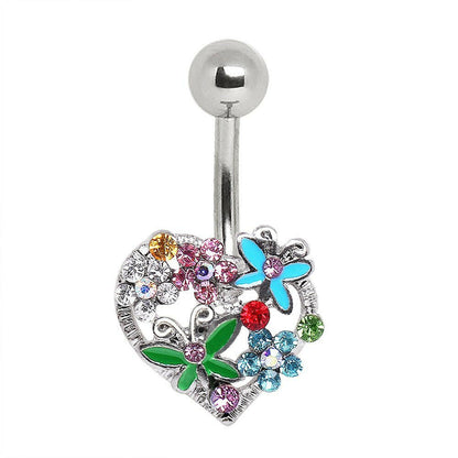 316L Surgical Steel Navel Ring with Flowers & Butterflies on Heart Navel Ring Impulse Piercings