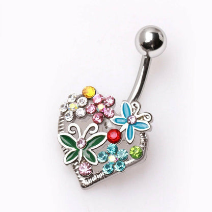 316L Surgical Steel Navel Ring with Flowers & Butterflies on Heart Navel Ring Impulse Piercings