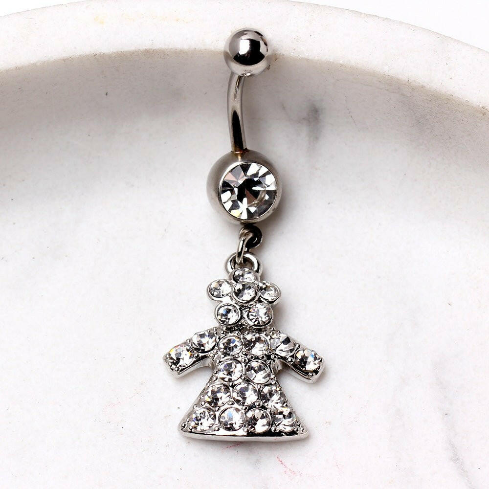 316L Surgical Steel Navel Ring with Gemmed Dress Dangle Navel Ring Impulse Piercings Clear