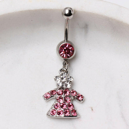 316L Surgical Steel Navel Ring with Gemmed Dress Dangle Navel Ring Impulse Piercings Pink