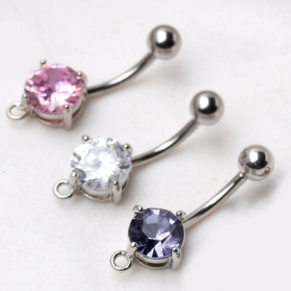 316L Surgical Steel Navel Ring with Prong Set CZ and a Ring to Attach Dangle
