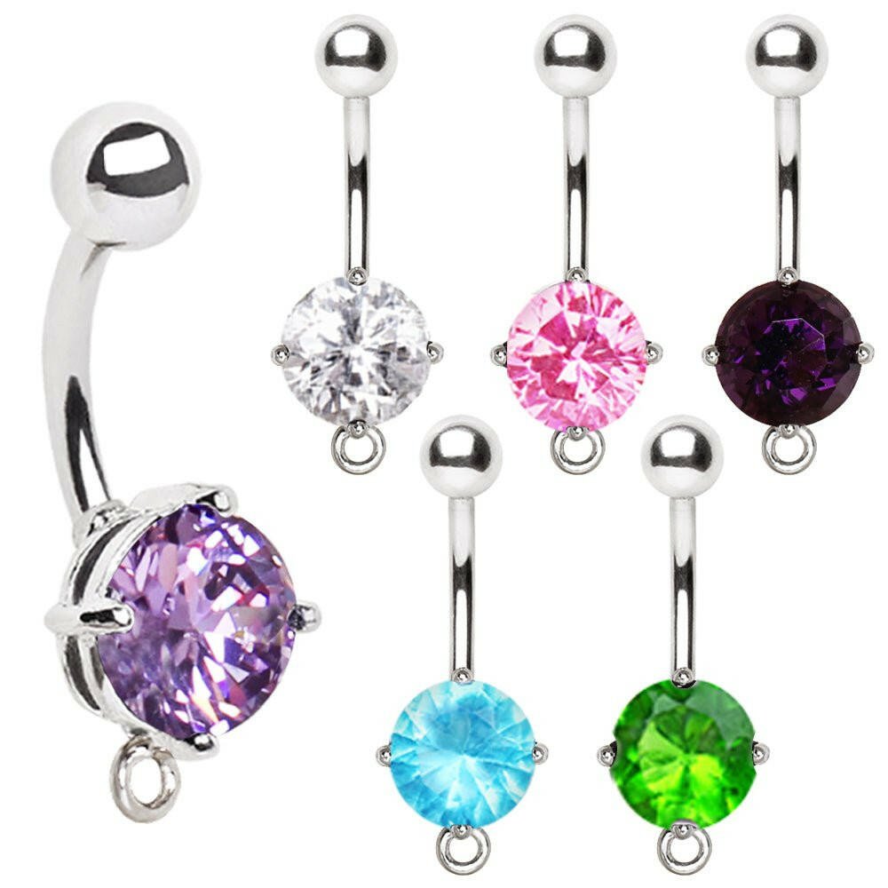 316L Surgical Steel Navel Ring with Prong Set CZ and a Ring to Attach Dangle