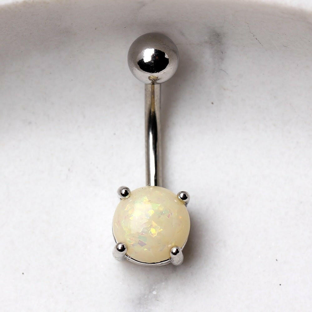 316L Surgical Steel Navel Ring with Prong Set Synthetic Opal