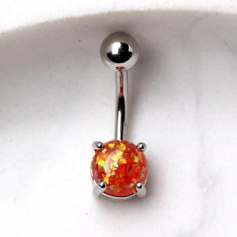 316L Surgical Steel Navel Ring with Prong Set Synthetic Opal Navel Ring Impulse Piercings