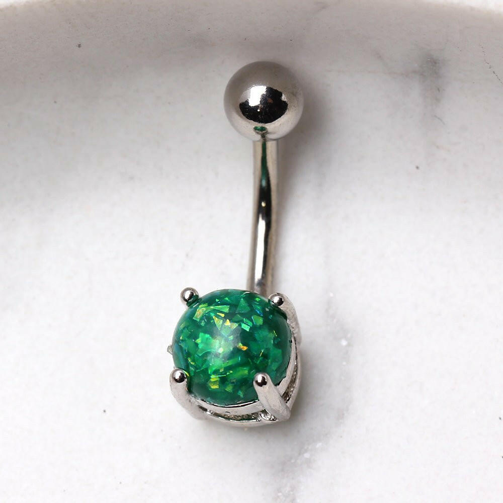 316L Surgical Steel Navel Ring with Prong Set Synthetic Opal Navel Ring Impulse Piercings