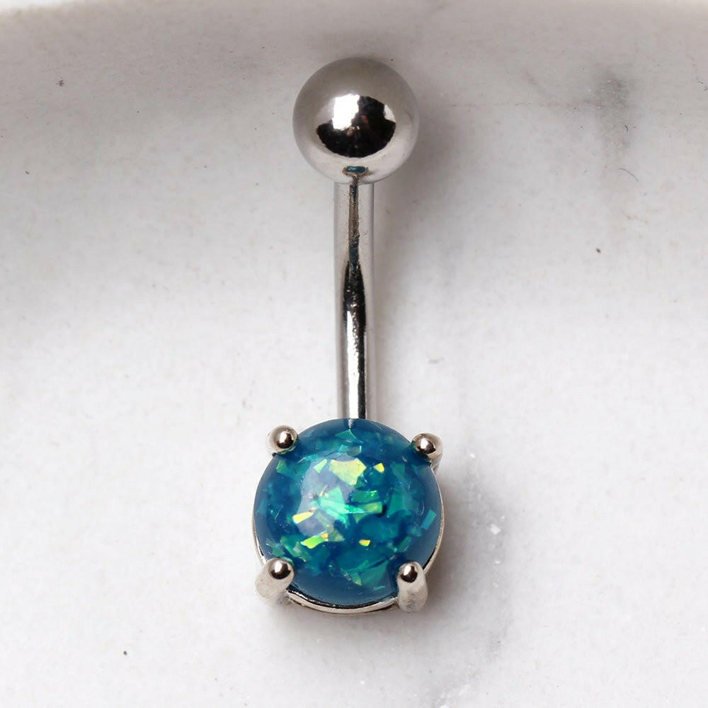 316L Surgical Steel Navel Ring with Prong Set Synthetic Opal Navel Ring Impulse Piercings