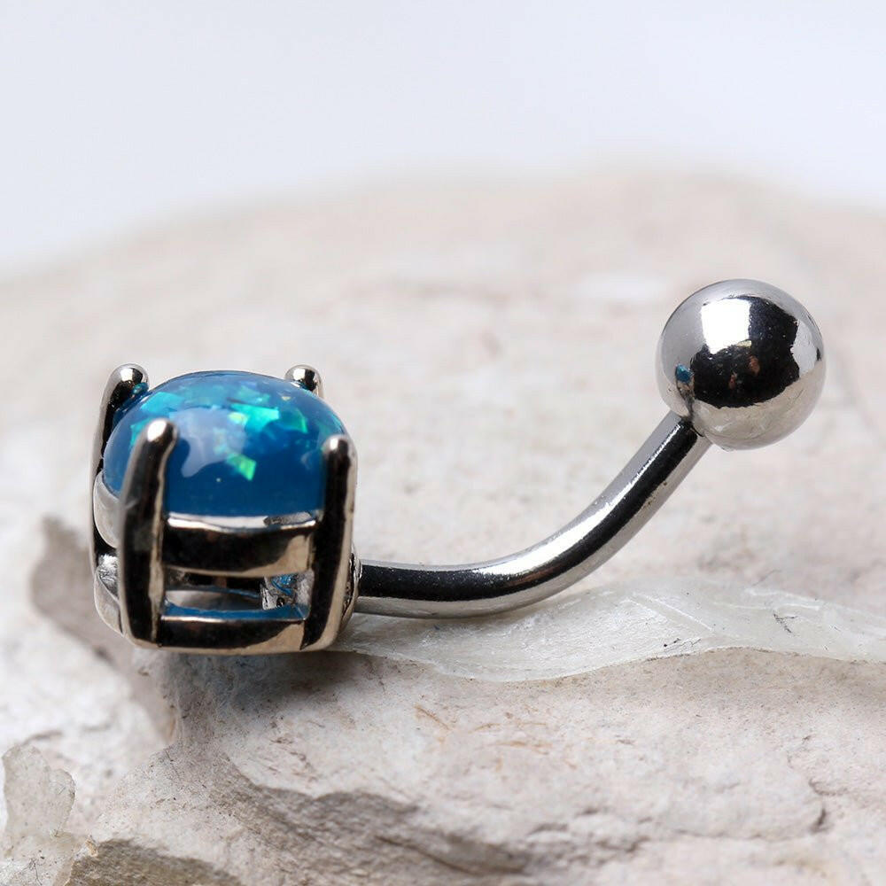 316L Surgical Steel Navel Ring with Prong Set Synthetic Opal