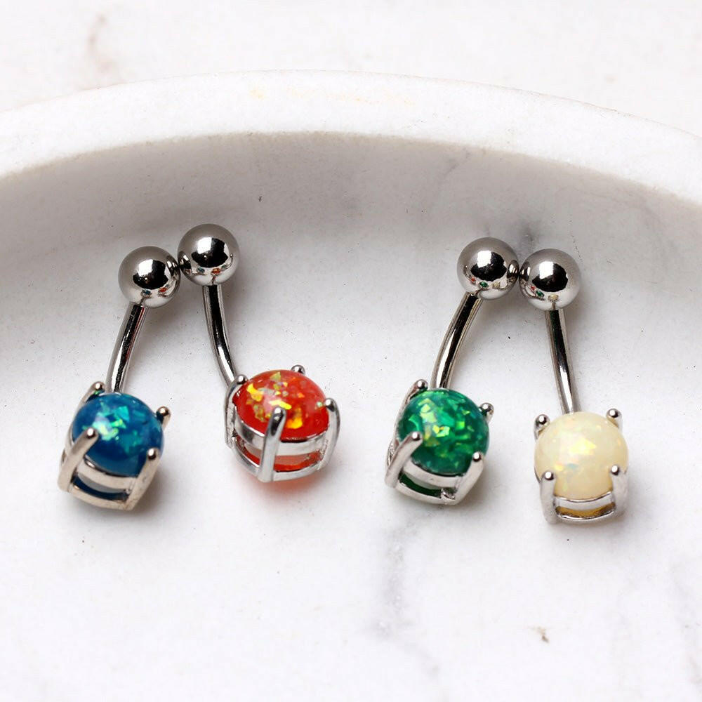 316L Surgical Steel Navel Ring with Prong Set Synthetic Opal Navel Ring Impulse Piercings